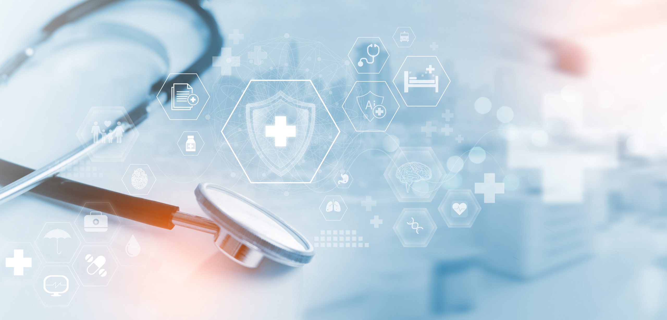 Medical technology healthcare and medicine concept. online health network, Medical stethoscope with medical technology icons, healthcare and medicine, hospital background, Insurance